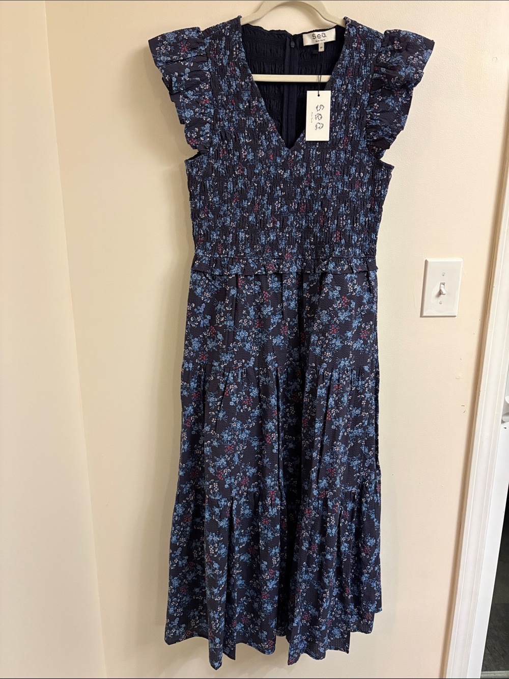 Sea New York Tilly Smocked Tiered Midi Dress pockets RS22-112 Cotton Size 10 NWT